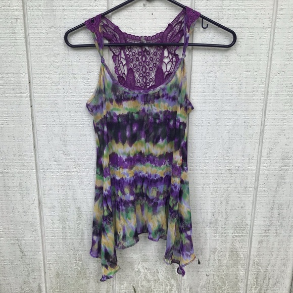 Semi sheer tie dyed crocheted back tank - Picture 2 of 14